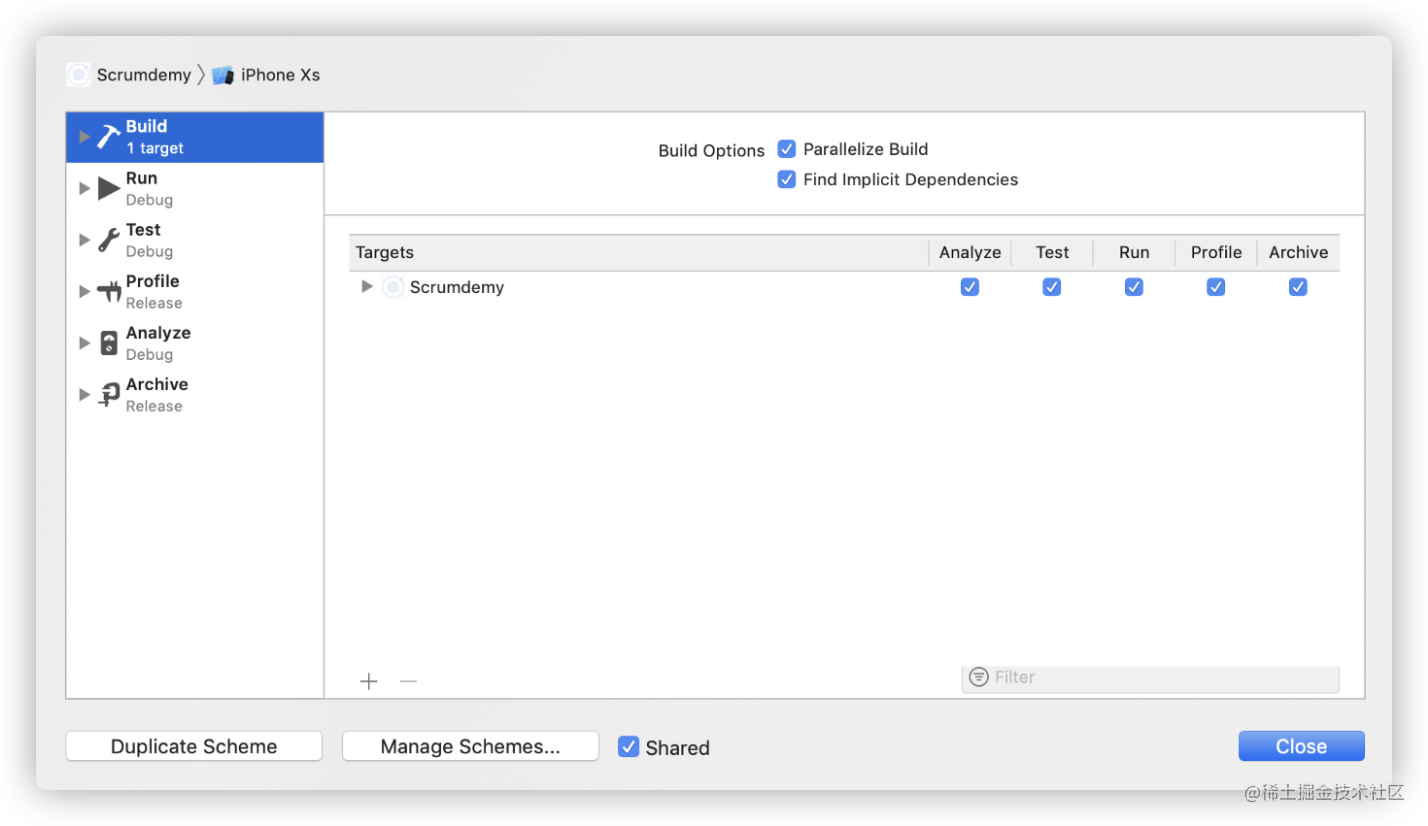 Xcode Scheme设置中启用Parallel building